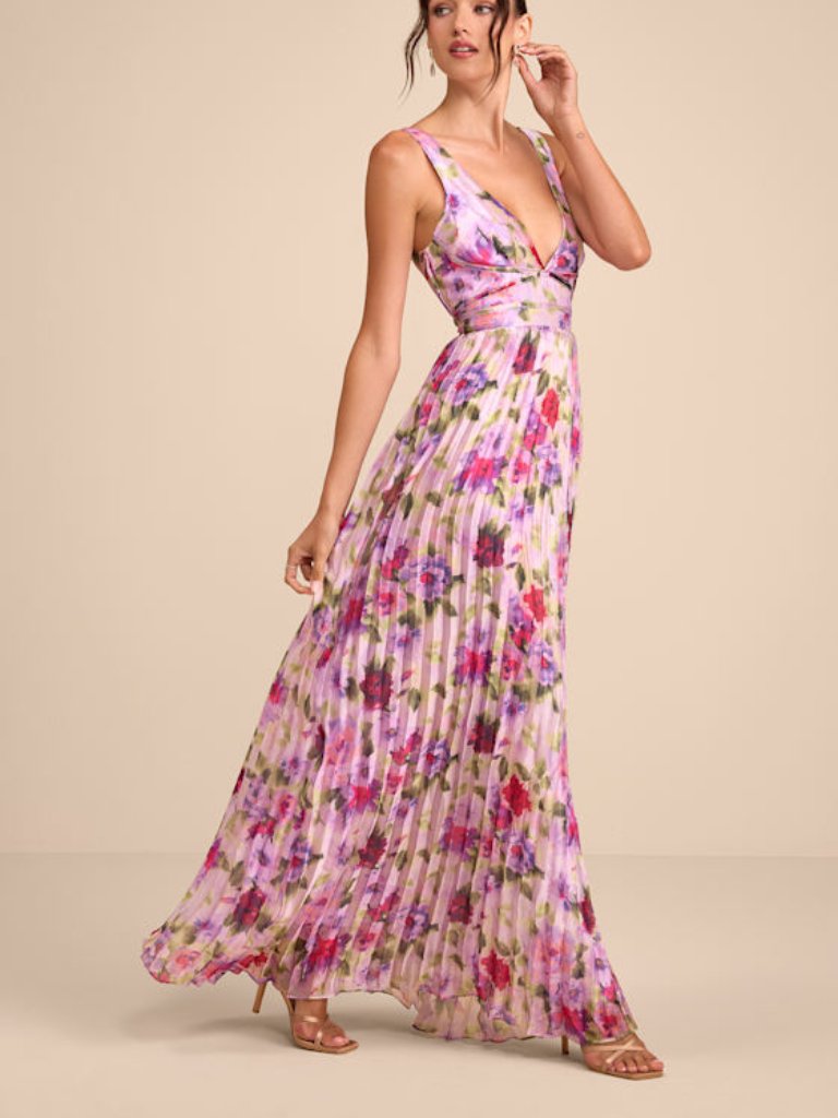 Lulus Morgana Pink Multi Floral Satin Pleated Maxi Dress Purple - Size M